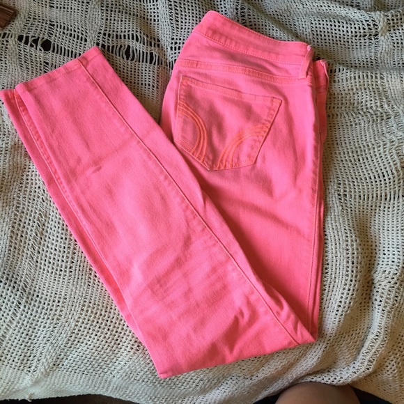 Neon pink skinny jeans.
