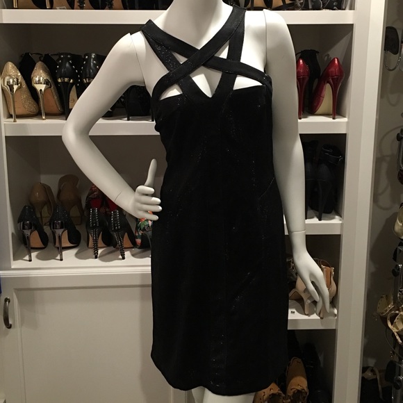 bebe little black dress Women's Asymmetrical High Slit Bandage Midi Size Medium in Black Polyester/Elastane Bebe Dresses | Bebe Little