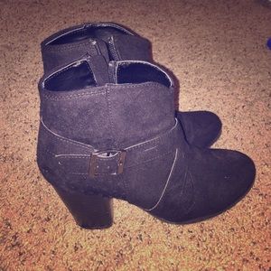 Black suede buckle ankle booties