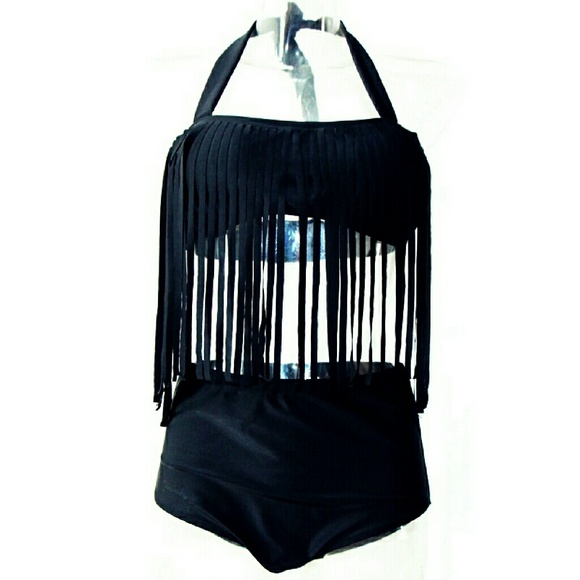 Plus Size 2 Piece Fringe Halter Bikini Top Set - Picture 2 of 4