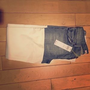 Bcbg denim jeans with white leather bottom.
