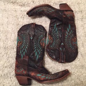 Brown and turquoise cowboy boots