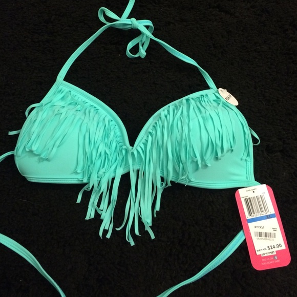 Mint fringe swim suite top