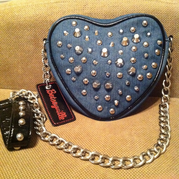 Betsey Johnson Handbags - Betsey Johnson Heart Studded Denim Crossbody