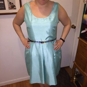 Pleated Turquoise Taffeta Dress with Belt Size 12