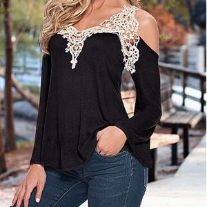 Off the shoulder black tank with white lace -new