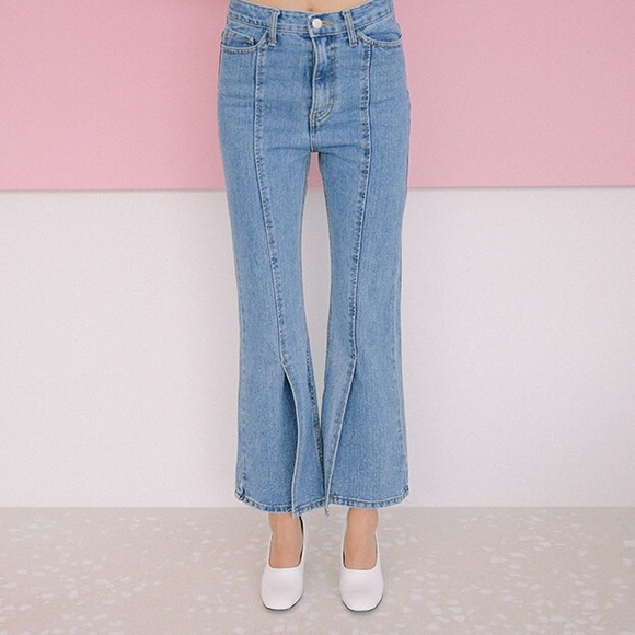 high waisted bootcut jeans w/asymmetrical hem - Picture 2 of 4