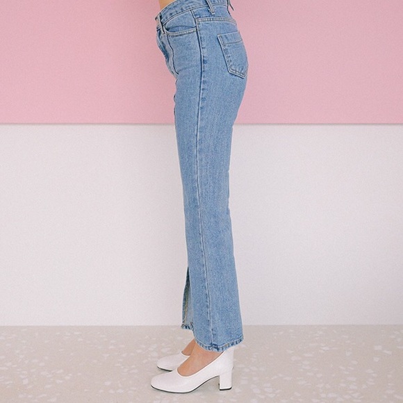 high waisted bootcut jeans w/asymmetrical hem - Picture 3 of 4