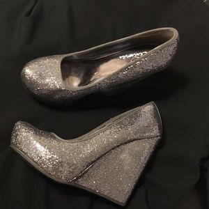Silver glitter heels; wedges with closed toe