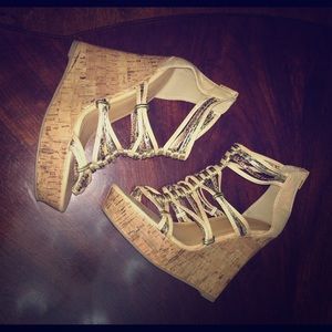 Tan & Gold cork bottom wedges