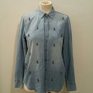 J Crew Lighweight Jean Shirt With Rhinestones