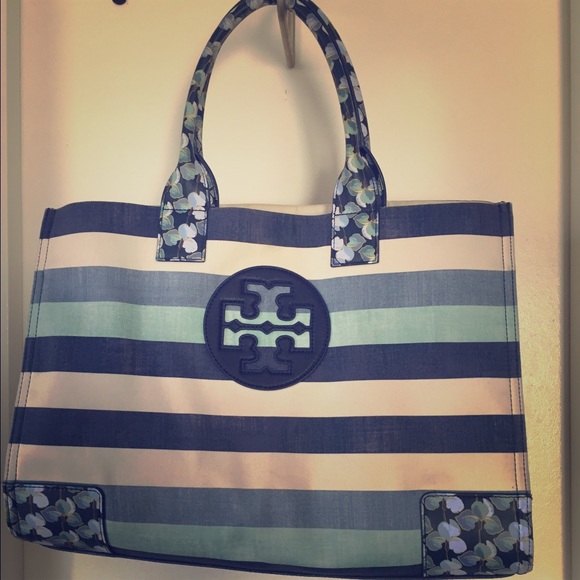 Tory Burch Ella Striped & Floral Linen Large Tote