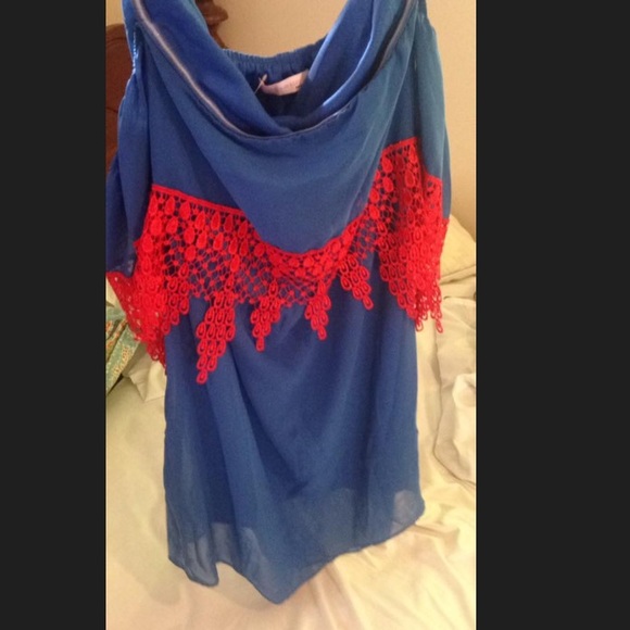 Alma-Mater red/blue off the shoulder dress