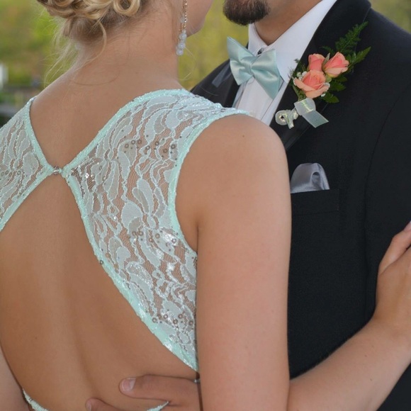 Sea foam green, lace, open back prom dress! - Picture 2 of 3