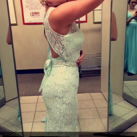 Sea foam green, lace, open back prom dress! - Picture 3 of 3