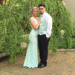 Sea foam green, lace, open back prom dress!