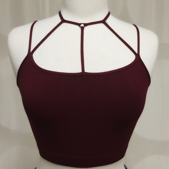 Burgundy High Neck Criss Cross Bralette - Picture 2 of 3