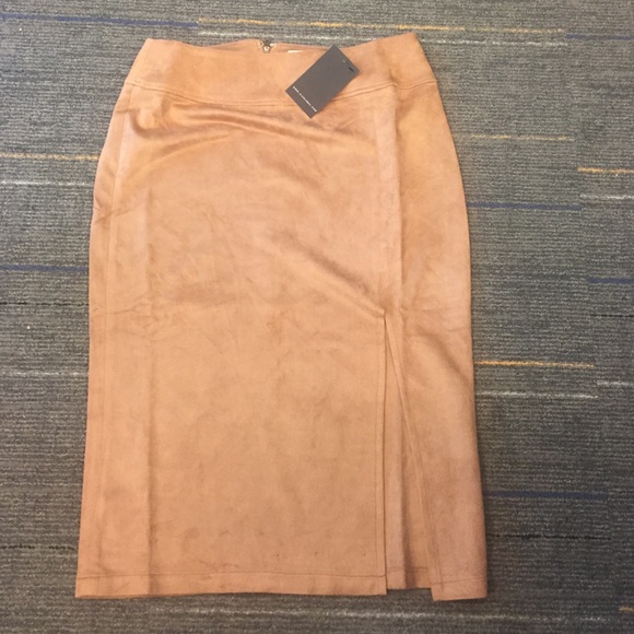 Camel colored faux suede skirt with side split.