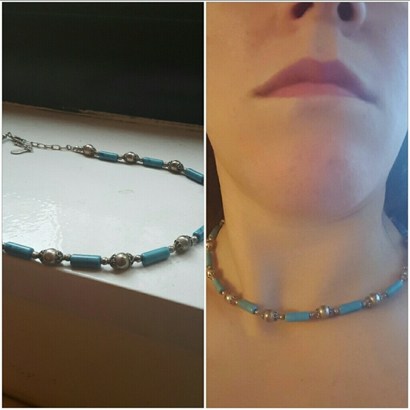 Teal and silver beaded necklace