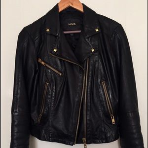 Black MANGO Genuine Leather Biker Jacket