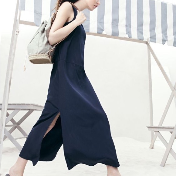 Navy blue side slit maxi tank dress