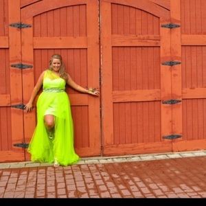 Lime green short prom dress with train