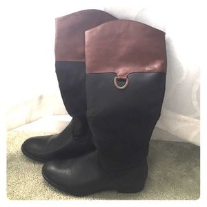 Brown and black knee high boots