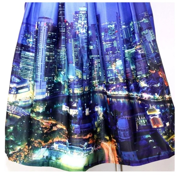 Blue Night City Skyline Cityscape Full Skirt - Picture 2 of 4