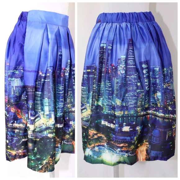 Blue Night City Skyline Cityscape Full Skirt - Picture 3 of 4