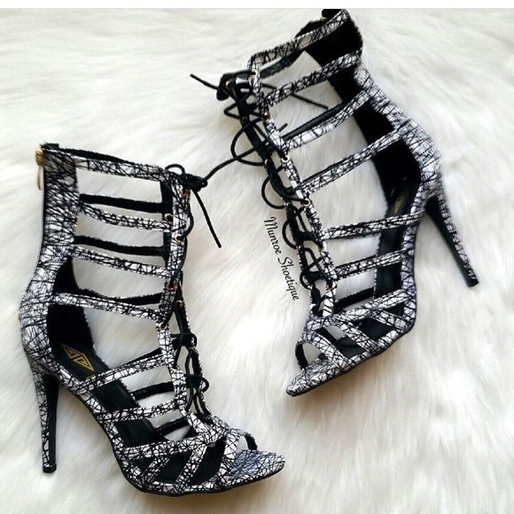 Black/White Geo Print Lace Up Heels