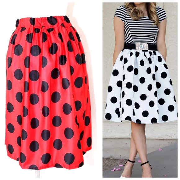 Red & Black Satin Full Swing Polka Dot Skirt - Picture 2 of 4
