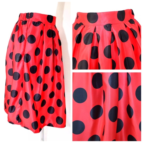 Red & Black Satin Full Swing Polka Dot Skirt - Picture 3 of 4