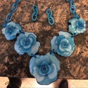 Nwot blue flower necklace and earring set