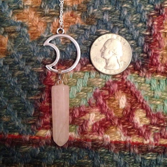 Crescent Moon Rose Quartz Silver Necklace - Picture 3 of 4