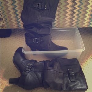Dark brown Guess heeled boots in original box.