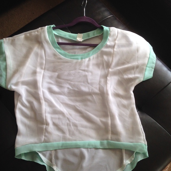 Sheer white shirt with teal trim