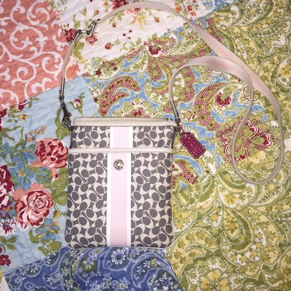 Grey and pink coach satchel.