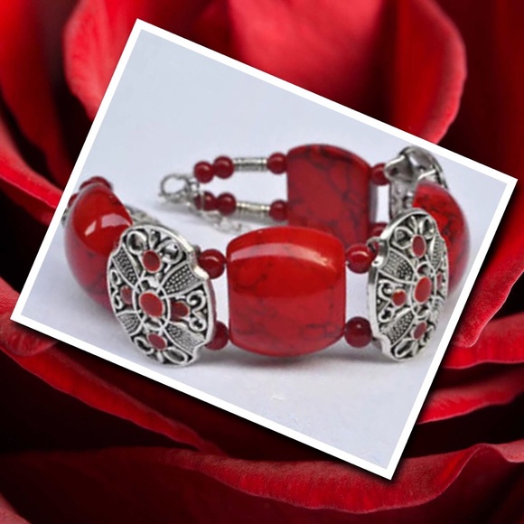 🌹NEW SILVER & RED Bead Bangle w/Chain Bra - Picture 3 of 6