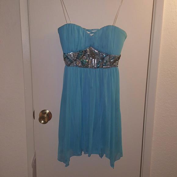 Teal Blue Jeweled Short Formal Dress