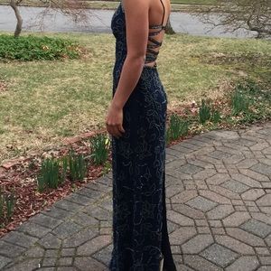 Beaded navy blue prom dress open back
