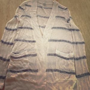 White with gray stripes cardigan sweater.