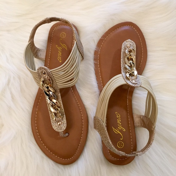 RESTOCKED Gold Glitter & Chain Link T-Strap Sandal - Picture 2 of 4