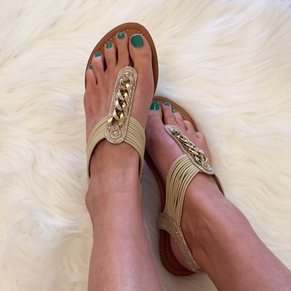 RESTOCKED Gold Glitter & Chain Link T-Strap Sandal - Picture 3 of 4