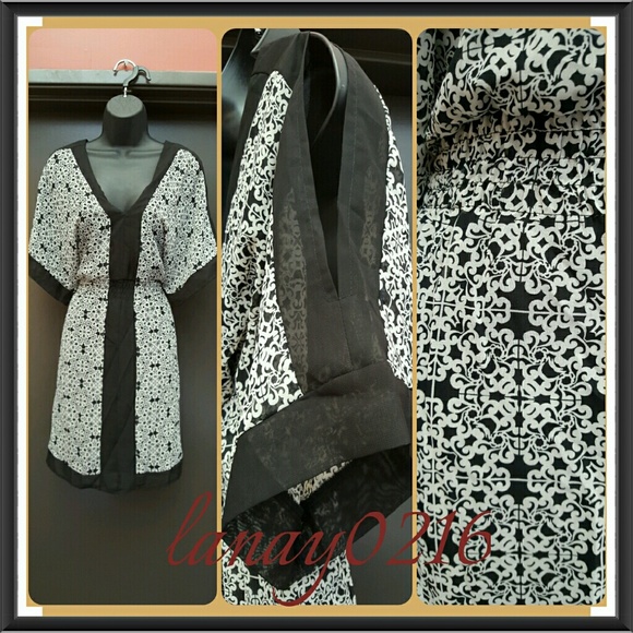 Black White Bohemian Floral Cold Shoulder Dress L