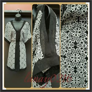 Black White Bohemian Floral Cold Shoulder Dress L