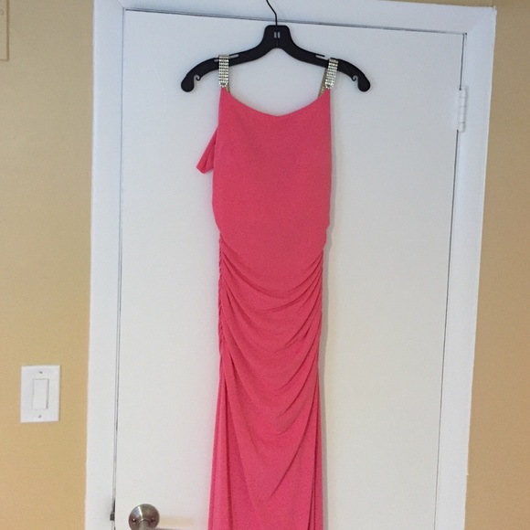 Pink gown with rhinestone straps and ruffle back - Picture 1 of 4