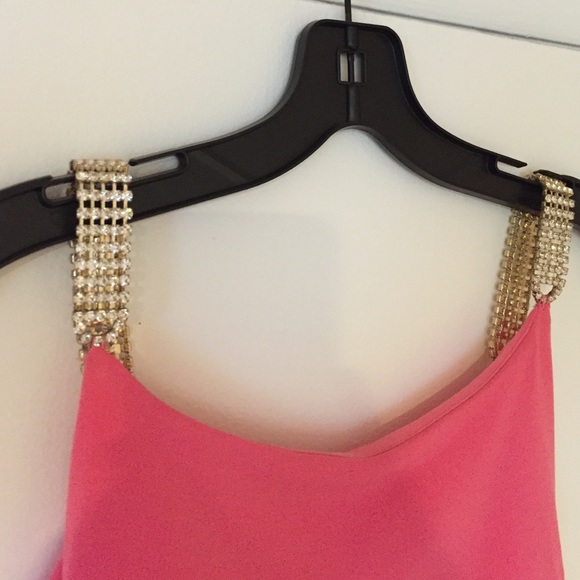 Pink gown with rhinestone straps and ruffle back - Picture 2 of 4