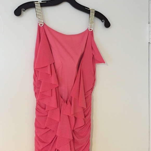 Pink gown with rhinestone straps and ruffle back - Picture 3 of 4