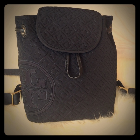 New Tory Burch black quilted nylon backpack