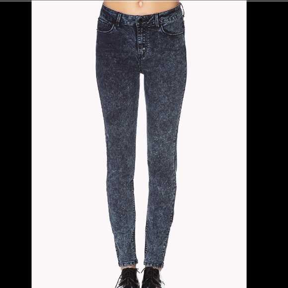 high-waisted dark blue acid wash jeans